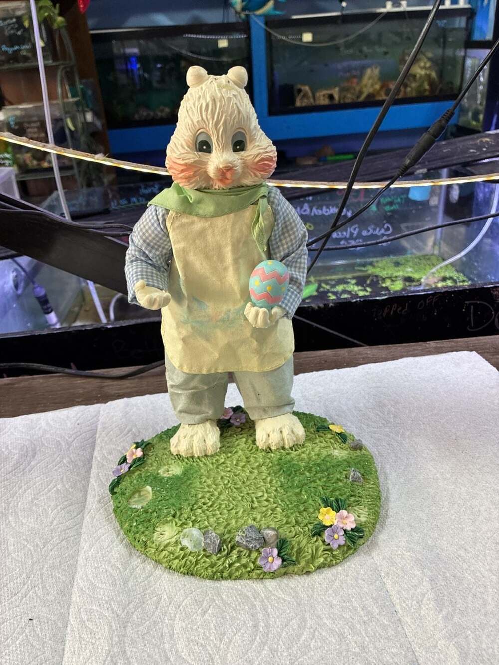 Vintage Fabric Mache Easter Bunny Figurine Holding Egg with Overalls and Apron